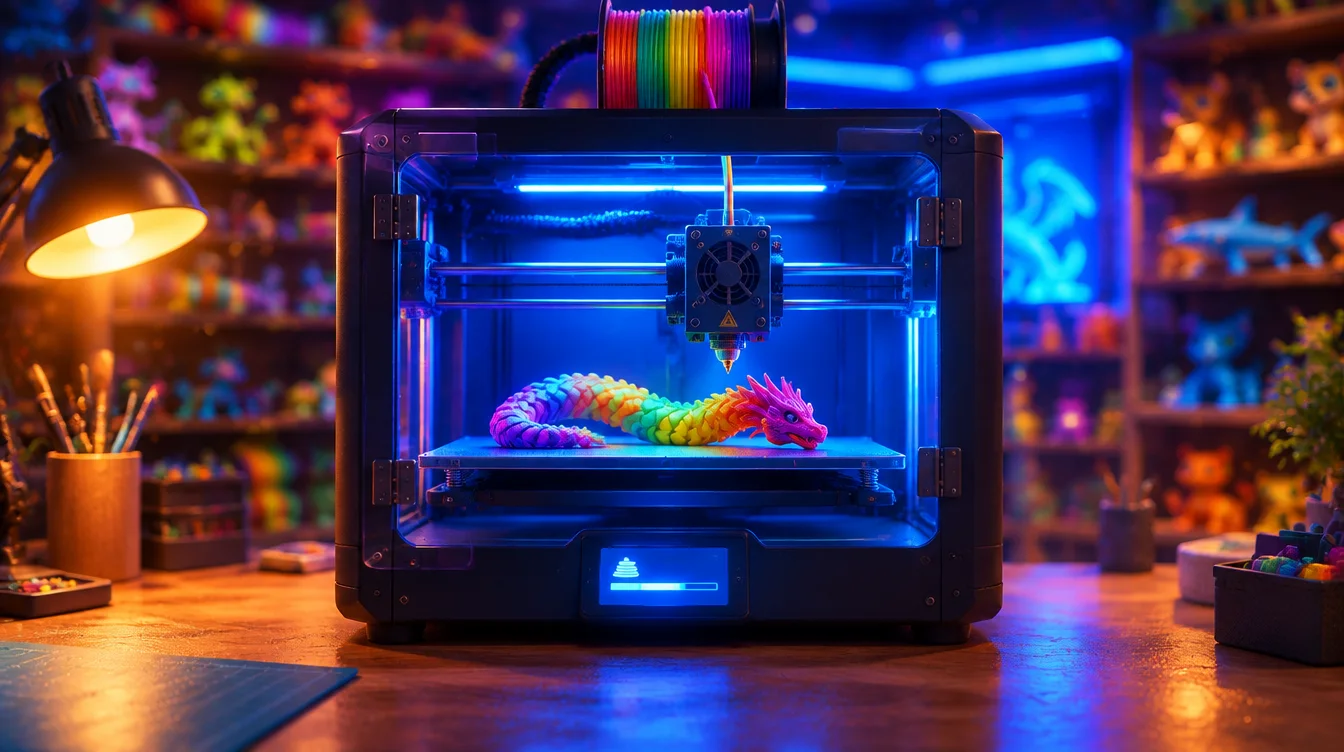 The garage 3D printer glowing blue with a print on the bed