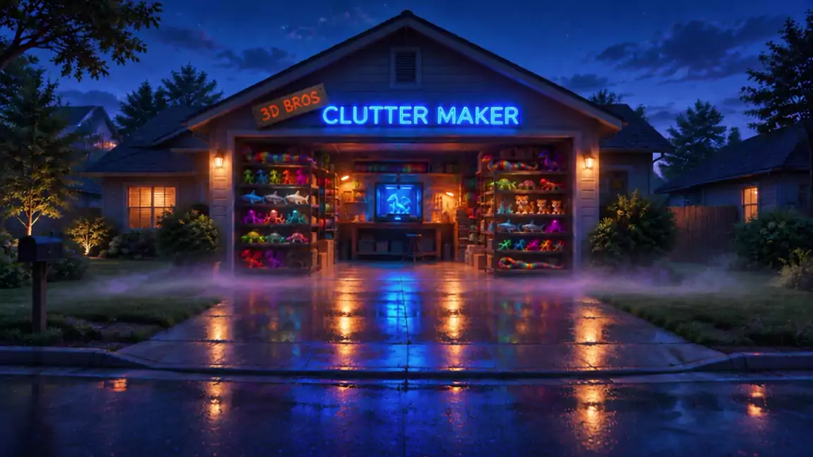 The Clutter Maker garage at night: a blue neon sign with a hand-painted 3D Bros plank nailed on, shelves of colourful printed toys and a glowing 3D printer inside